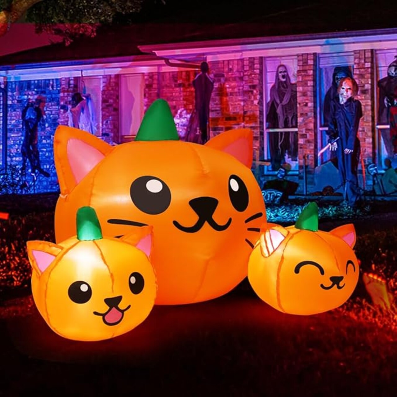GOOSH 5FT Halloween Inflatable Long Three Pumpkin Cat Head Combo with Built-in LEDs